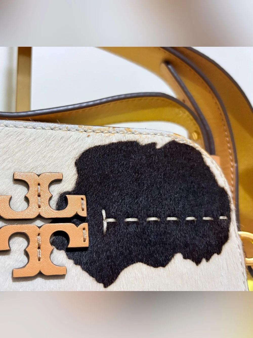 Tory Burch Black, White, & Brown Cowhide Camera Crossbody with Tan Trim